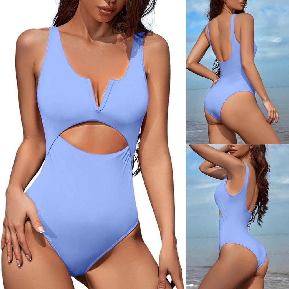 Meyeeka One Piece Tummy Control Bathing Suit Push Up V Neck High Cut Monokini Lg